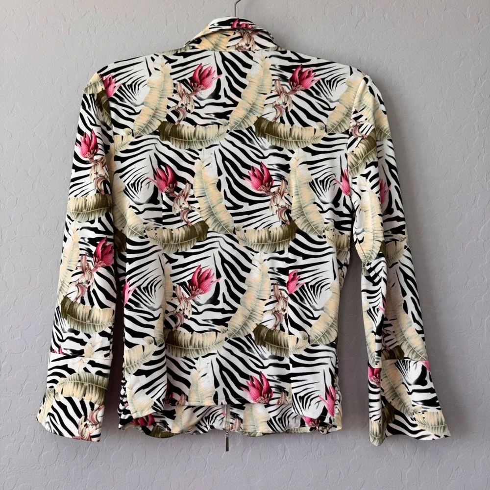 Alberto Makali‎ Zebra Floral Print Ruched Front Zip Up Top Blouse M - Picture 5 of 5